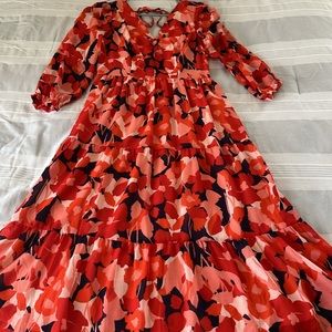 Red & Navy Ruffle Long Sleeve MIDI Dress